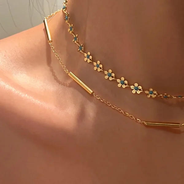 Blue Daisy Flower Clavicle Chain Necklace Chic Choker T-Bar Pendant
