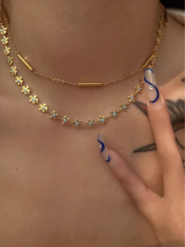 Blue Daisy Flower Clavicle Chain Necklace Chic Choker T-Bar Pendant - Image 2